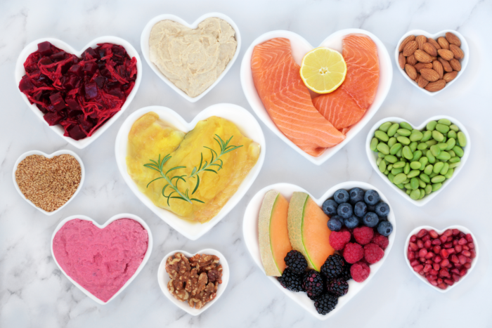 Heart-healthy foods like lean protein, fruits, nuts and vegetables.