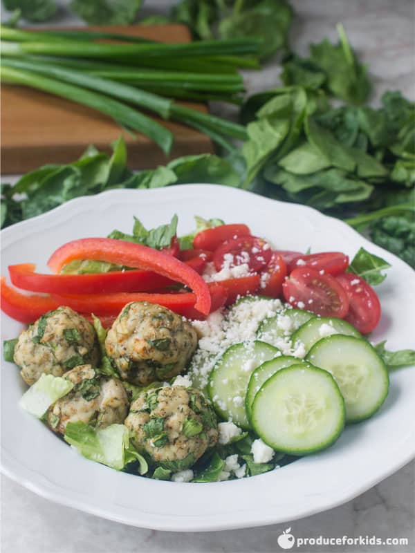 Greek Meatball Buddha Bowl made from salad kits 