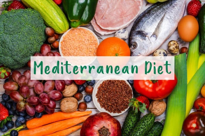 Popular foods, lean proteins, fruits, and vegetables are part of Mediterranean Diet.