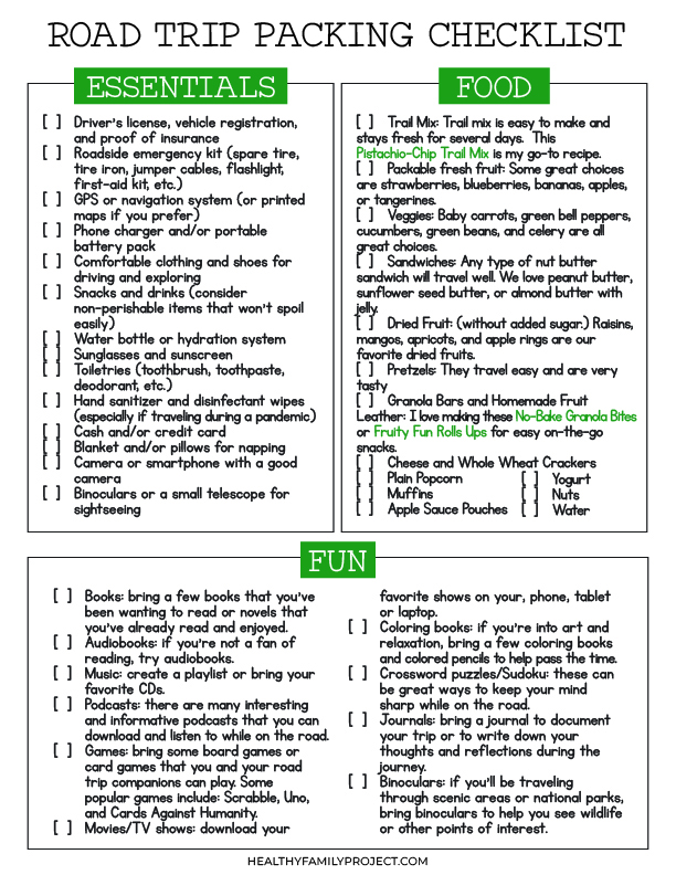 Road Trip Packing Checklist Printable