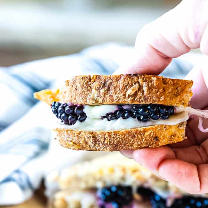 A blackberry grilled cheese sandwich bite.